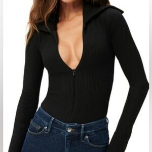 Good American Funnel Neck Ribbed Zip Bodysuit